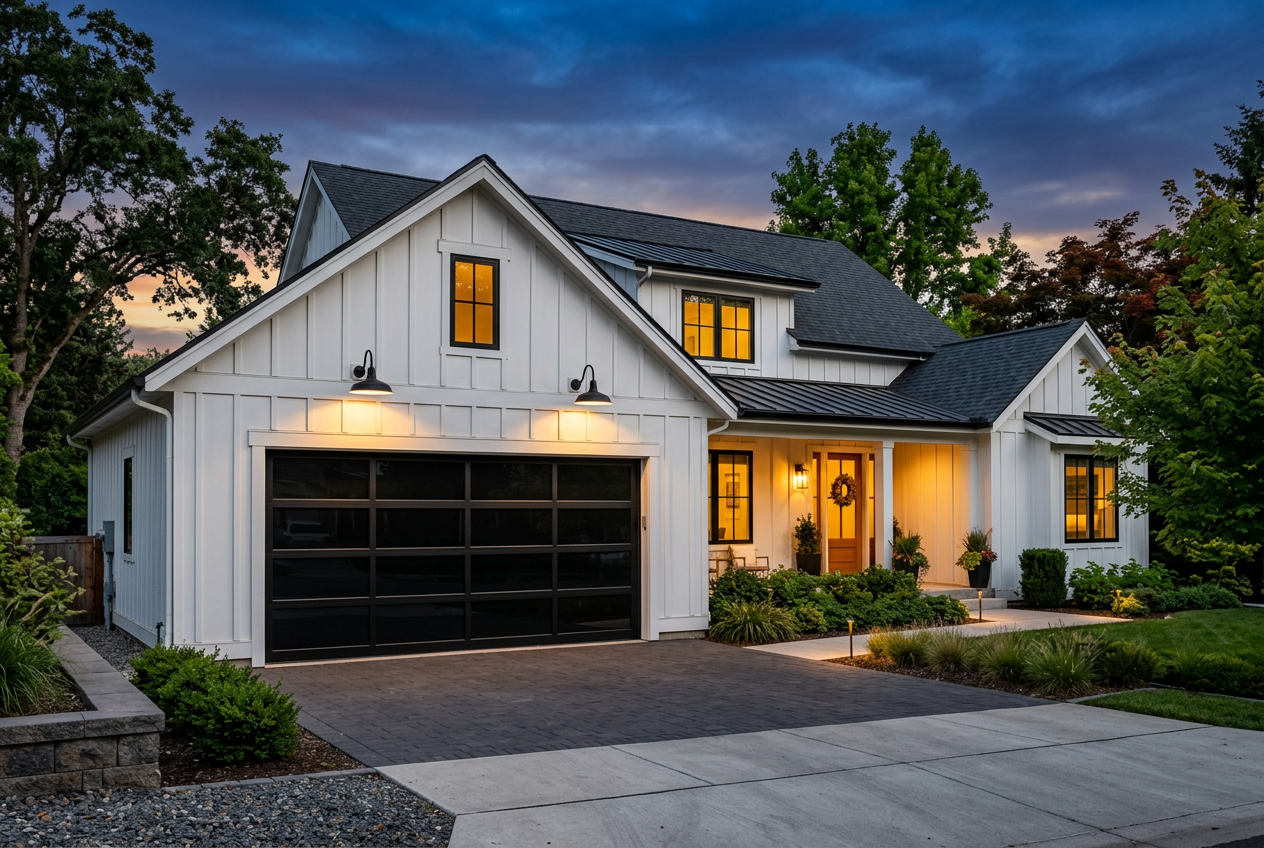 Black modern farmhouse garage door in Collin County, TX