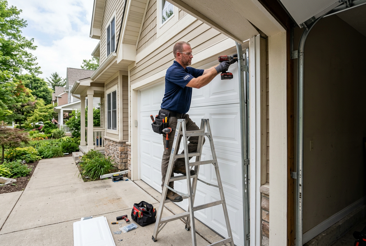 Technician installing a garage door panel in Murphy, TX