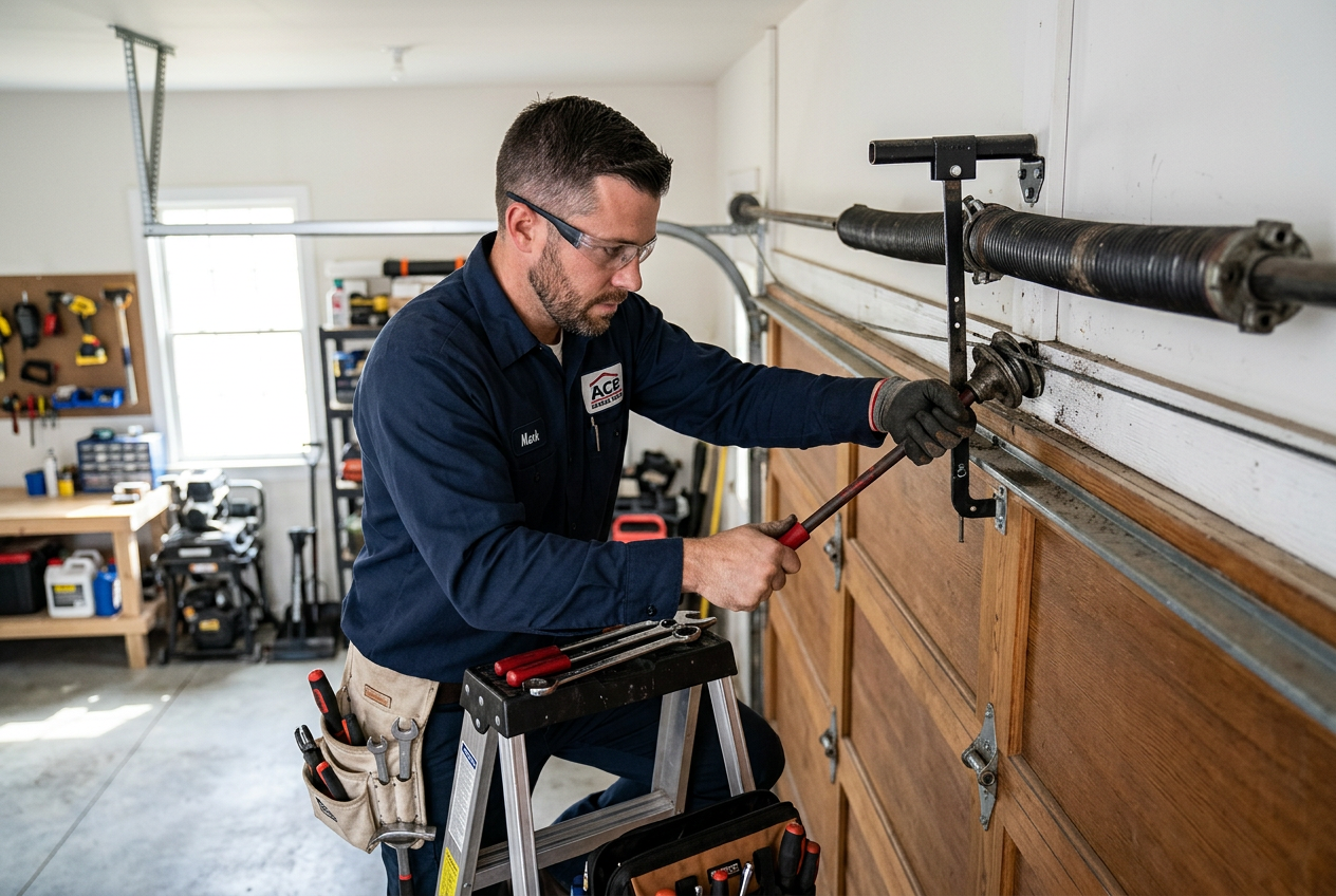 Technician repairing a garage door torsion spring in Nevada, TX