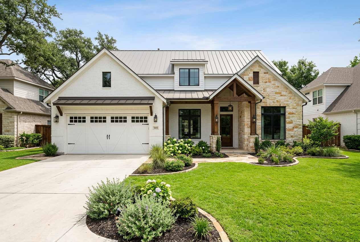 Two-car garage door on a modern farmhouse in Murphy, TX