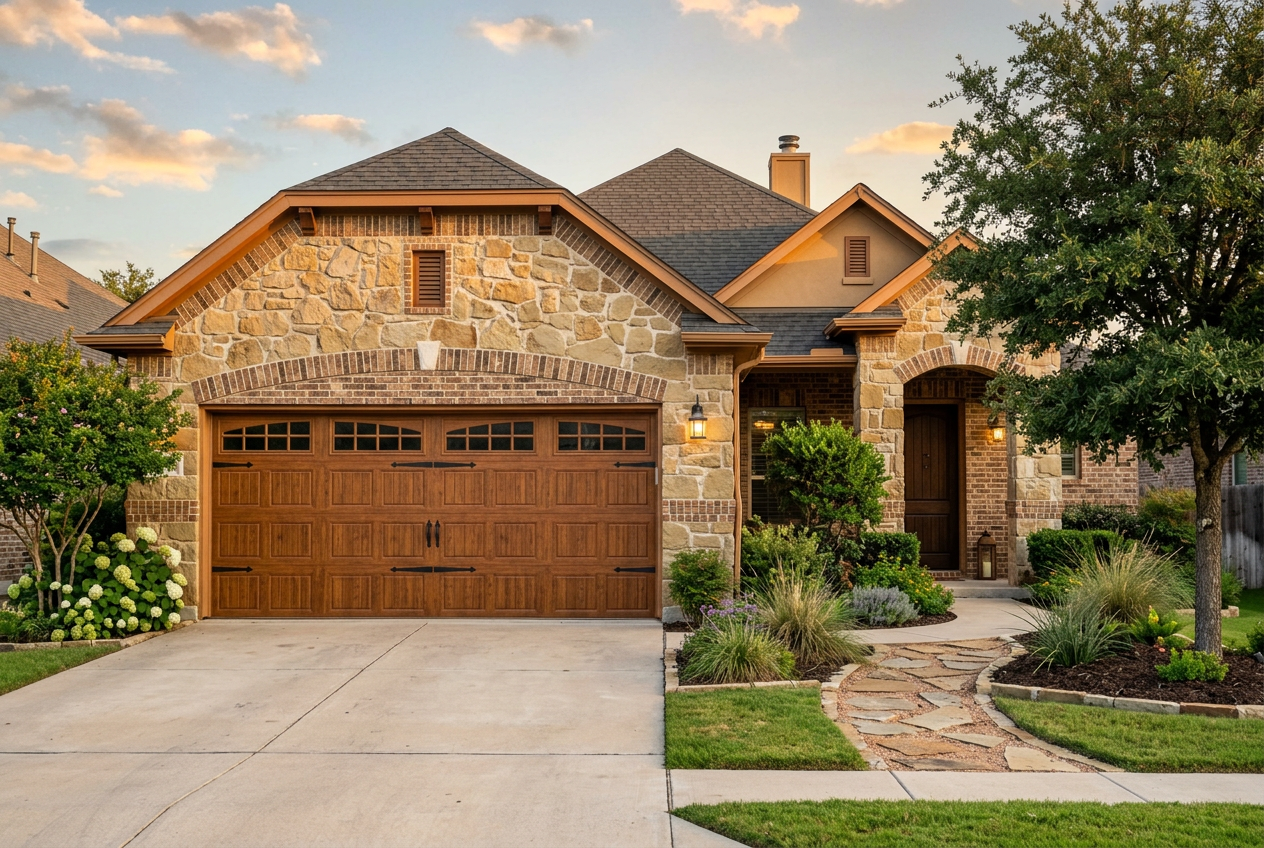 Wood-look garage door on a stone home in Nevada, TX